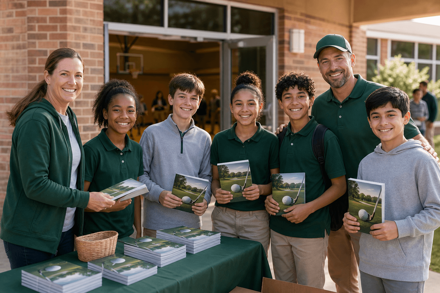 Student fundraisers with a parent volunteer and coach at a school table