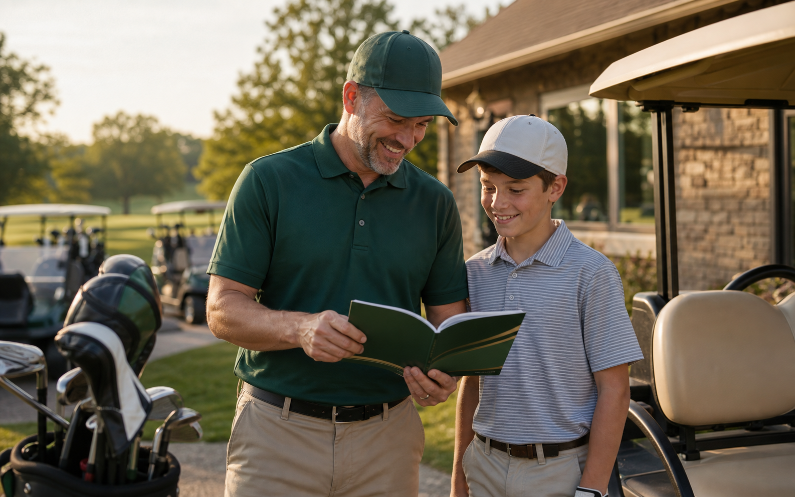 Parent and child golfer reviewing a golf savings book near carts