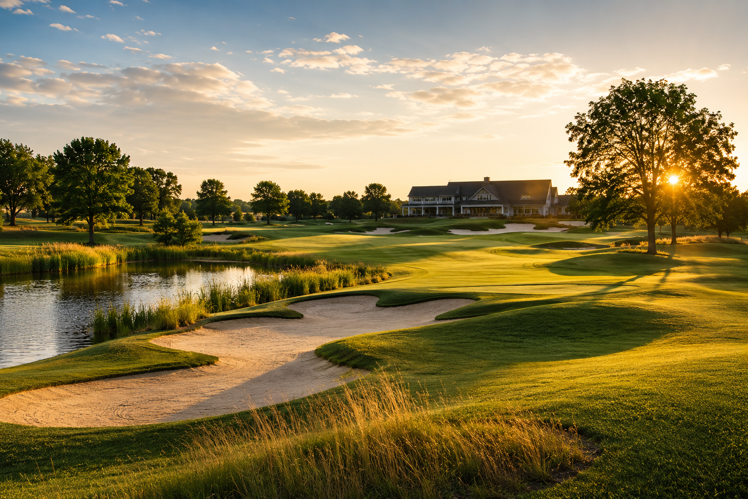 Golden-hour Indiana golf course with wide fairways and clubhouse